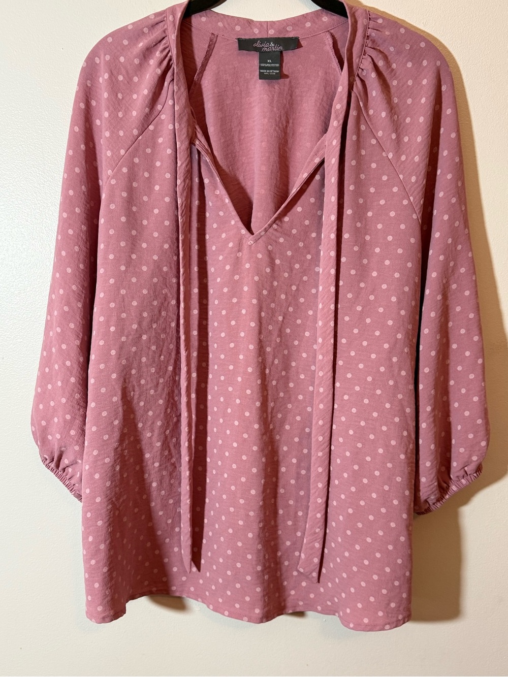 Olivia + Martin Dusty Rose Polka Dot V-Neck Tie Tunic